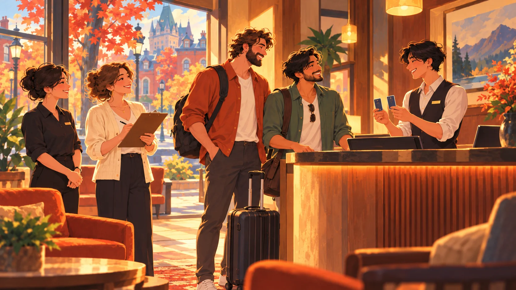 ภาพวาดพนักงานโรงแรมในแคนาดาฝึกสถานการณ์ต้อนรับคู่รักผู้ชาย